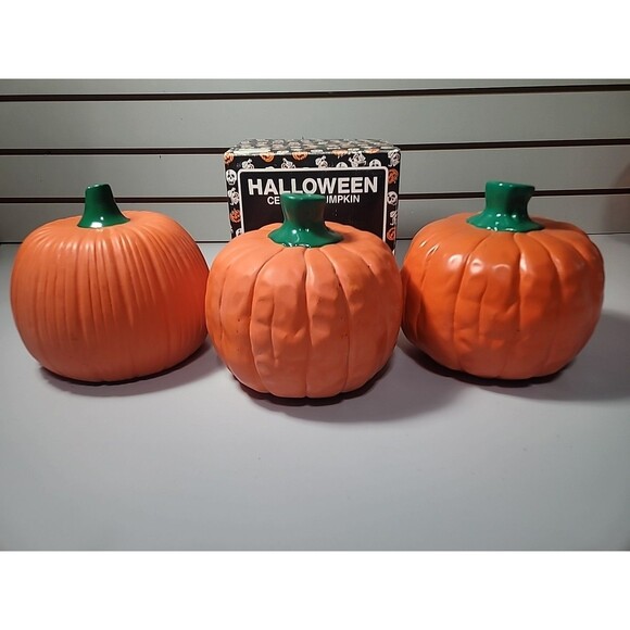 3 Halloween Ceramic Pumpkin Jack-o-lantern Tealite Candle Holder Set Lot - Picture 6 of 8